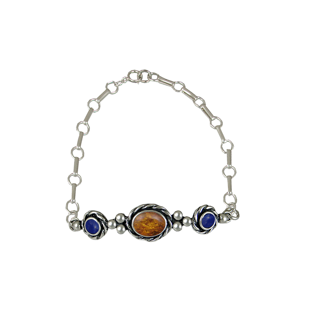 Sterling Silver Gemstone Adjustable Chain Bracelet With Amber And Lapis Lazuli